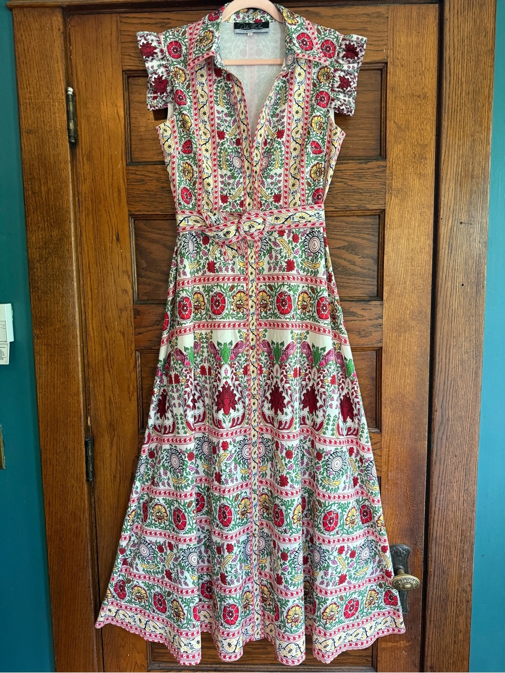 DALIA MACPHEE Sleeveless Button Down Belted Maxi Dress Floral Pattern US M